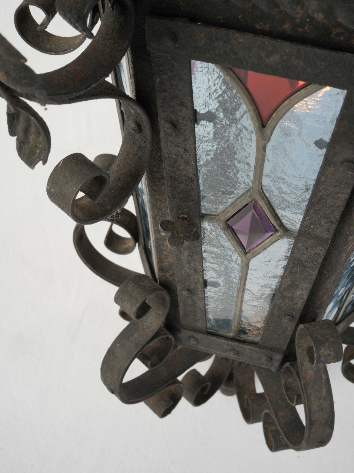 Mid-20th-Century French Wrought-Iron Lantern w/ Colored Stained Glass - 26½" x 15¾"