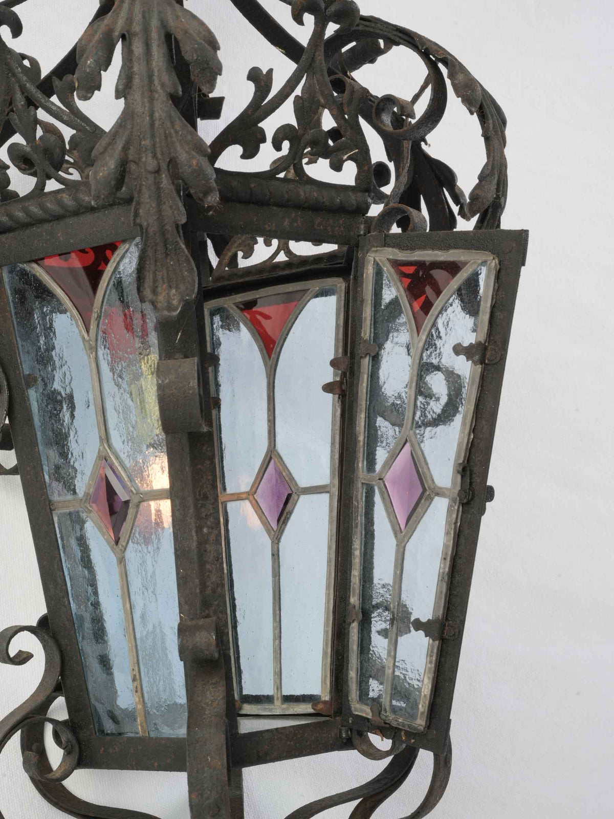 Mid-20th-Century French Wrought-Iron Lantern w/ Colored Stained Glass - 26½" x 15¾"