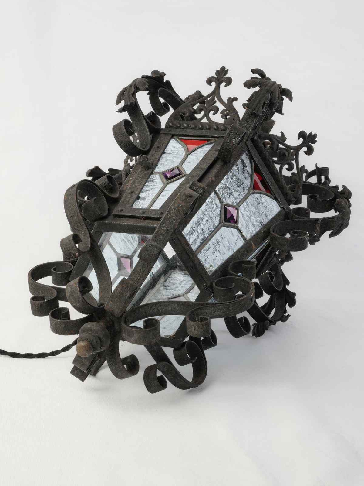 Mid-20th-Century French Wrought-Iron Lantern w/ Colored Stained Glass - 26½" x 15¾"