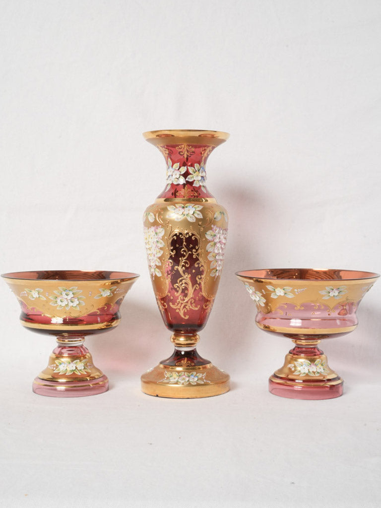 Striking Three-Piece Bohemian Glass Mantel Set Circa 1900