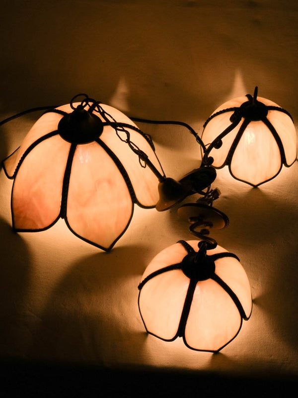 Pair of Art Nouveau opaline sconces w/ matching pendant light