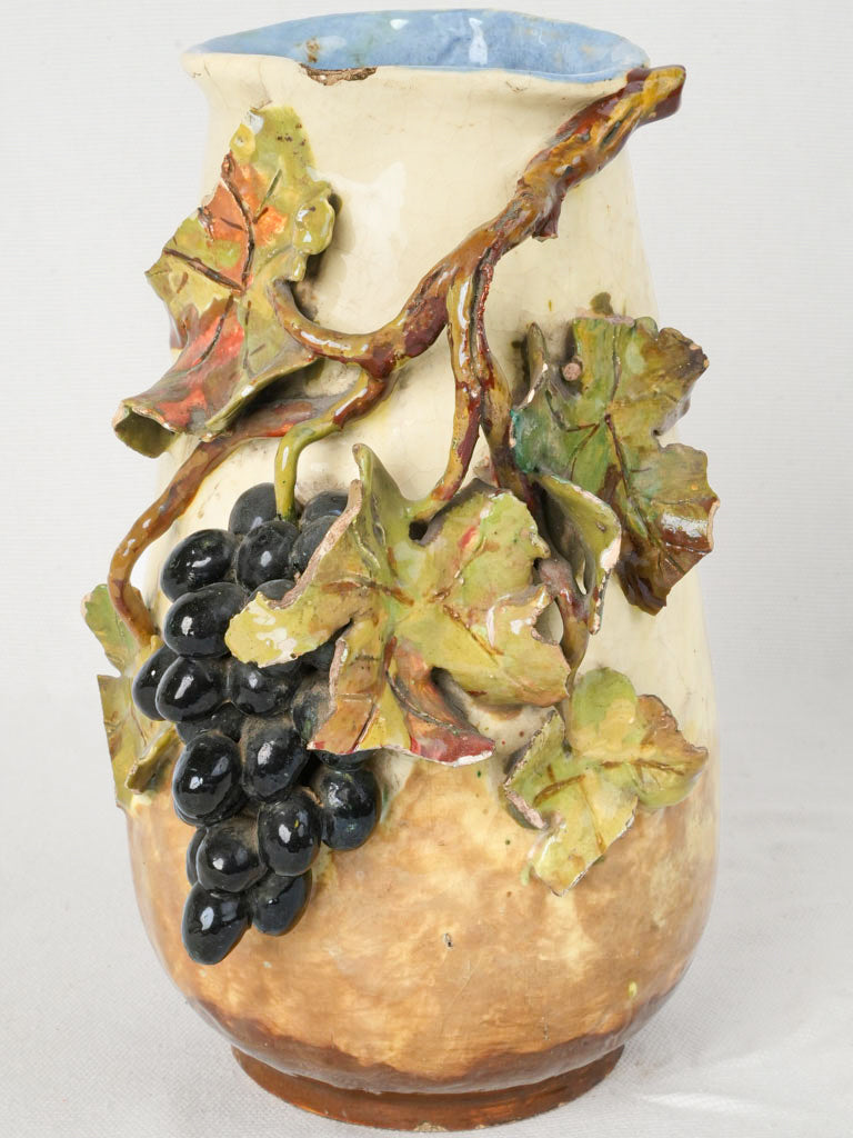 Art Nouveau Majolica Vase w/ Sculptural Grapevine Motif - 10¼"