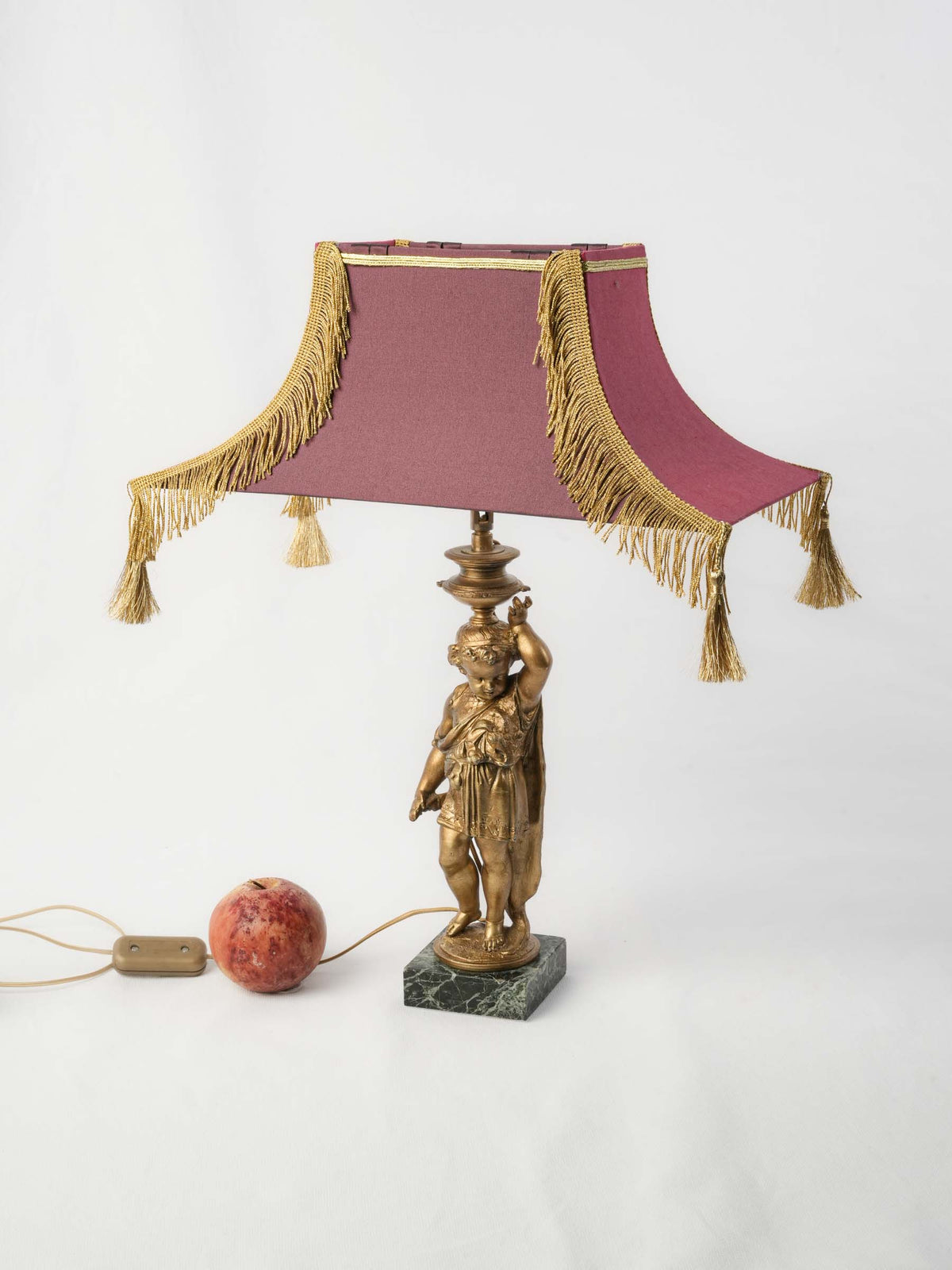 Figural Table Lamp w/ Gilt-Metal Putto and Fringed Pagoda Shade - 19¼"