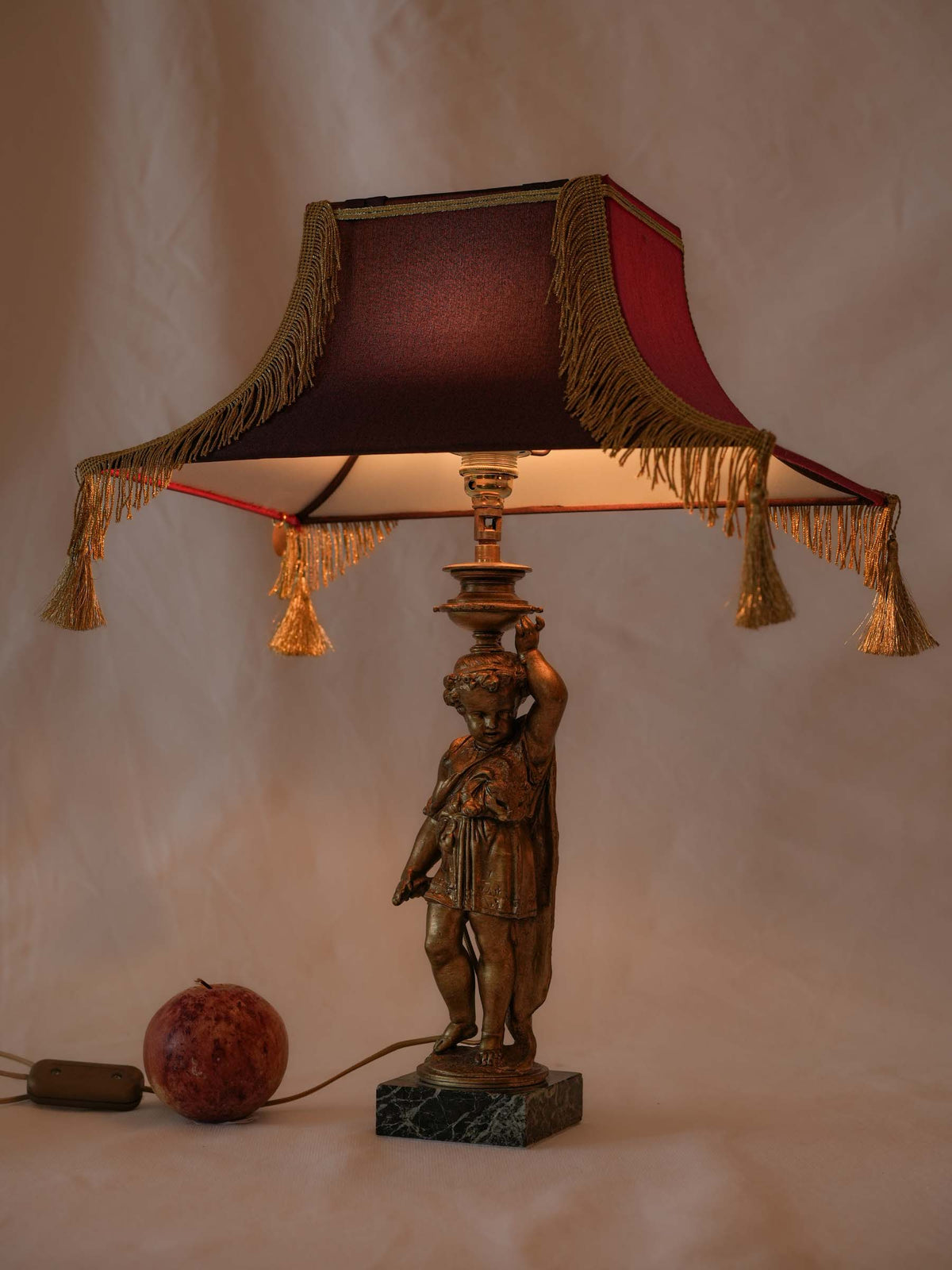 Figural Table Lamp w/ Gilt-Metal Putto and Fringed Pagoda Shade - 19¼"