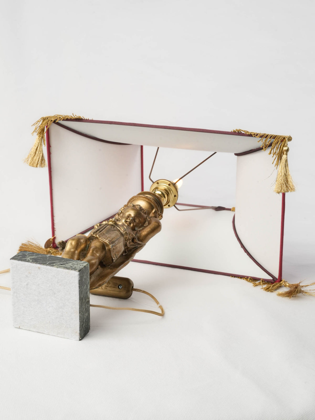 Figural Table Lamp w/ Gilt-Metal Putto and Fringed Pagoda Shade - 19¼"