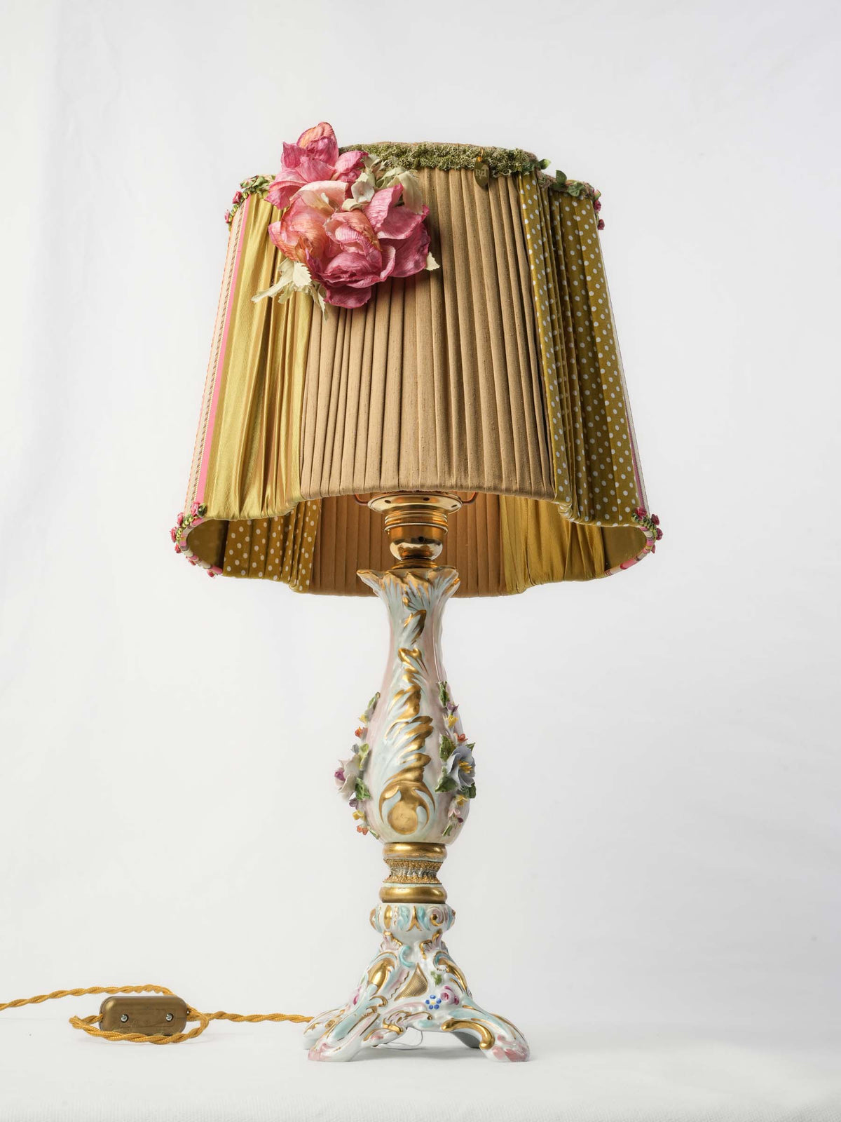 Capodimonte Porcelain Rococo Table Lamp w/ Custom Floral Shade - 21¾"
