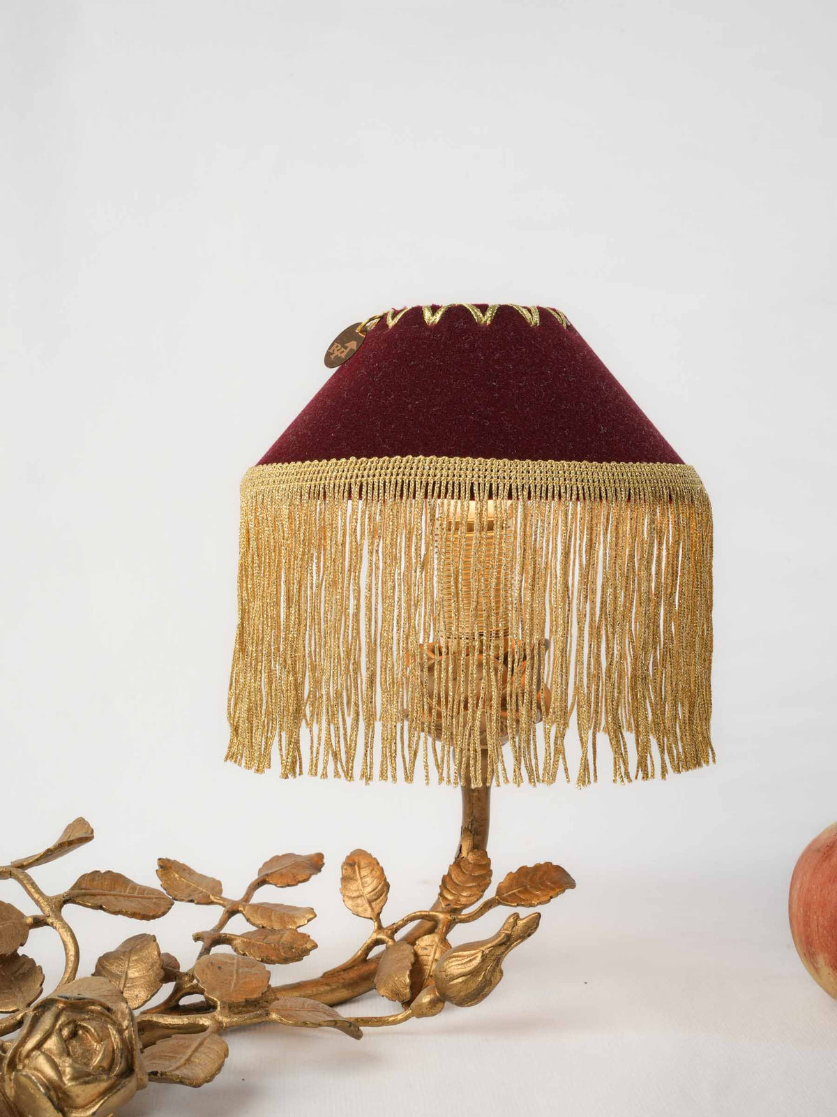 Sculptural Gilt-Metal Rose and Ribbon Table Lamp w/ Fringed Shade - 9¾" x 15¼"