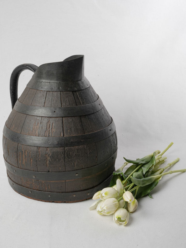 Antique French Wooden and Iron Winemaker's Pitcher with Dark Patina - 15"