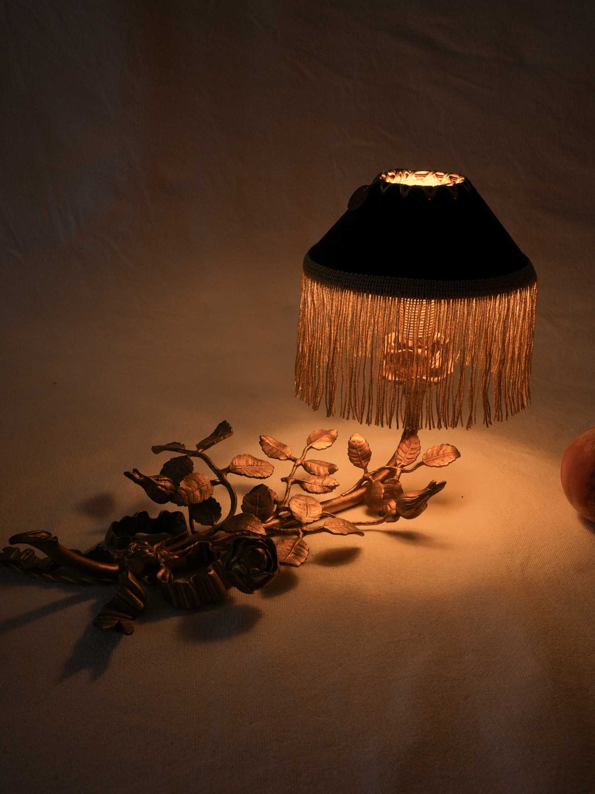 Sculptural Gilt-Metal Rose and Ribbon Table Lamp w/ Fringed Shade - 9¾" x 15¼"