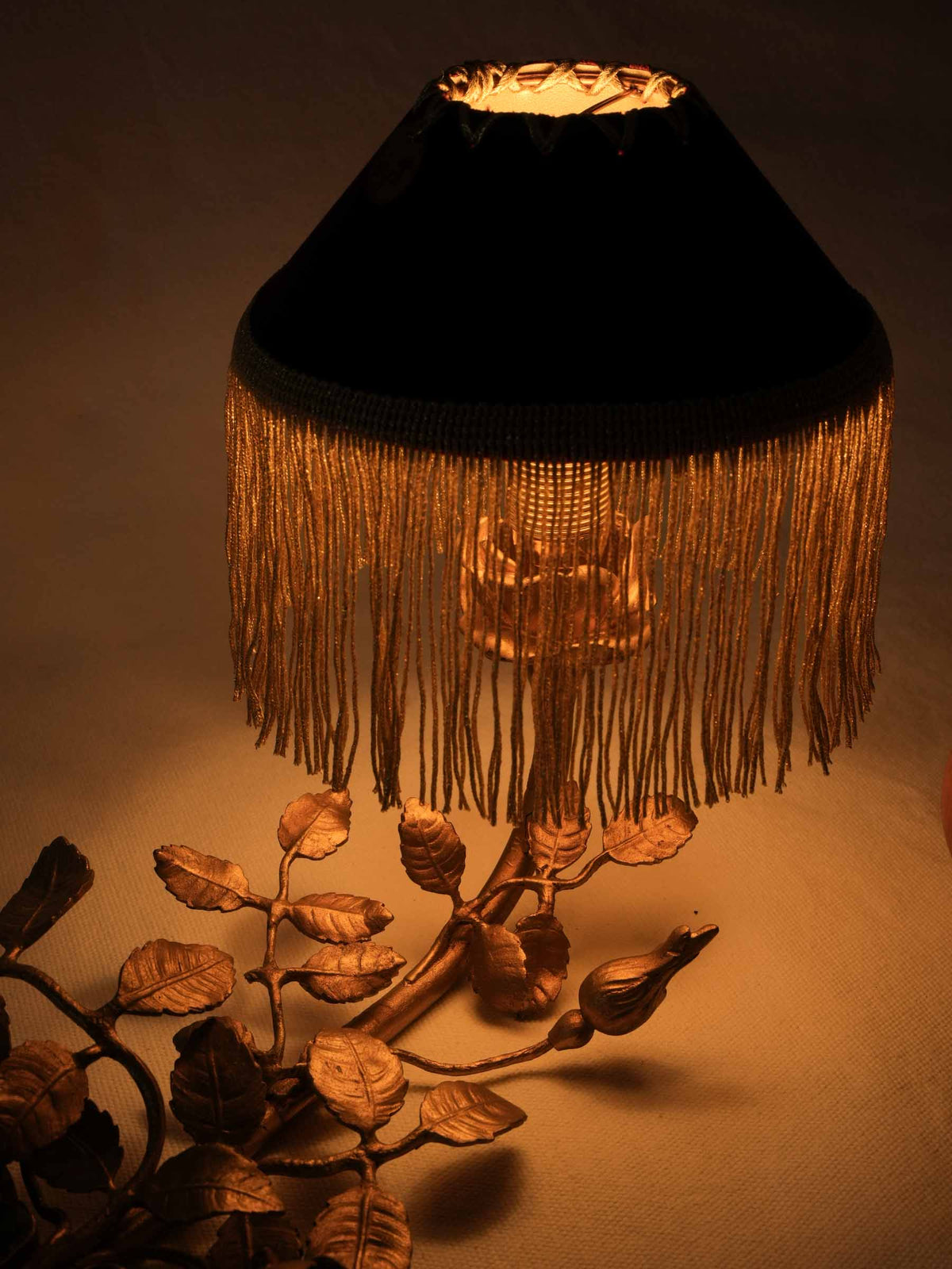 Sculptural Gilt-Metal Rose and Ribbon Table Lamp w/ Fringed Shade - 9¾" x 15¼"