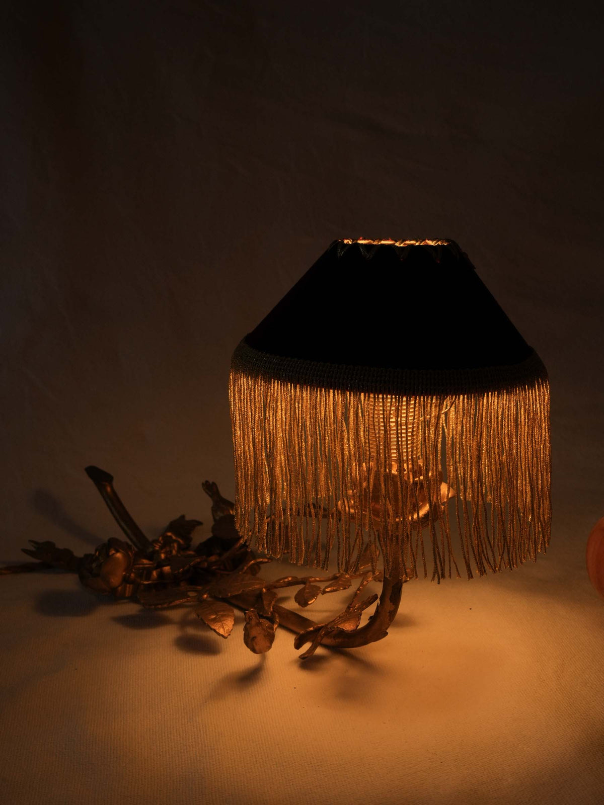 Sculptural Gilt-Metal Rose and Ribbon Table Lamp w/ Fringed Shade - 9¾" x 15¼"