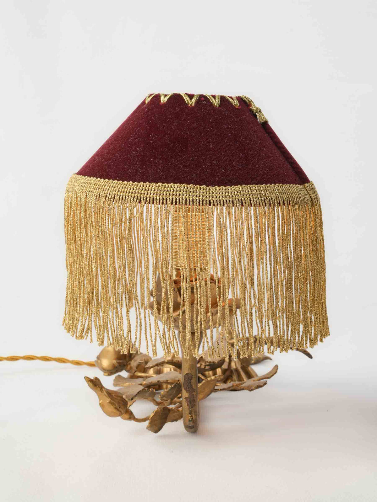 Sculptural Gilt-Metal Rose and Ribbon Table Lamp w/ Fringed Shade - 9¾" x 15¼"