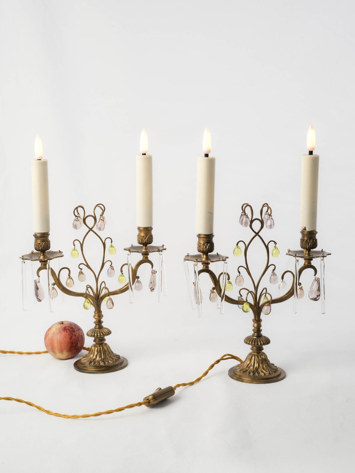 Pair of Early 20th-Century Brass Girandoles w/ Peridot-Green and Smoked-Glass Drops - 16½"