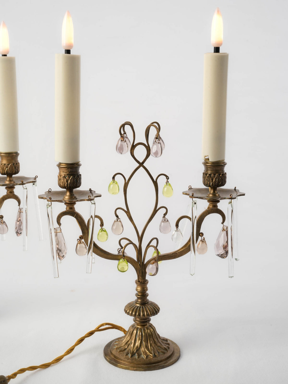 Pair of Early 20th-Century Brass Girandoles w/ Peridot-Green and Smoked-Glass Drops - 16½"