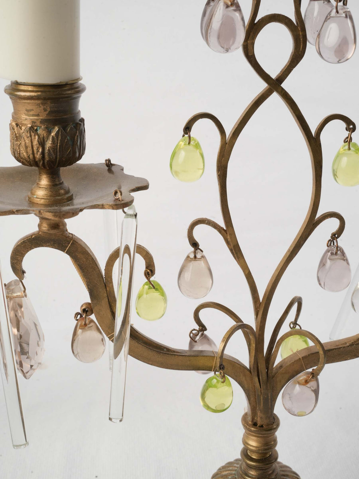Pair of Early 20th-Century Brass Girandoles w/ Peridot-Green and Smoked-Glass Drops - 16½"