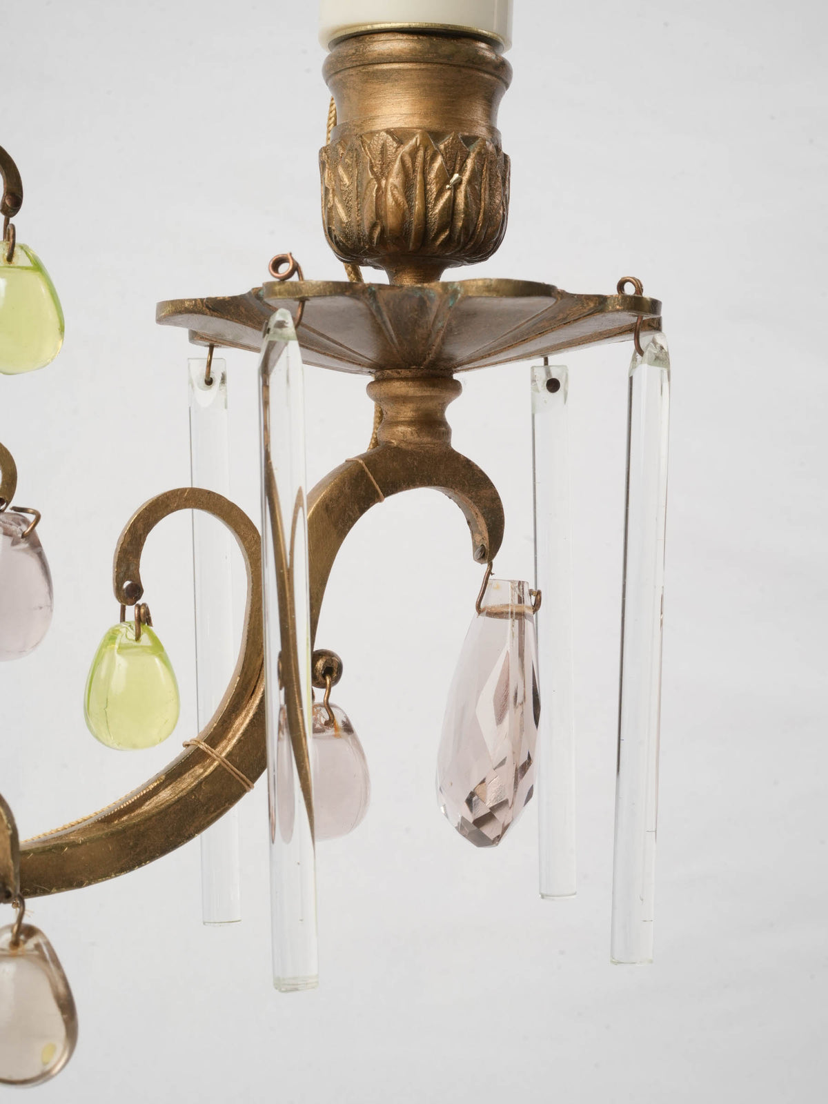 Pair of Early 20th-Century Brass Girandoles w/ Peridot-Green and Smoked-Glass Drops - 16½"