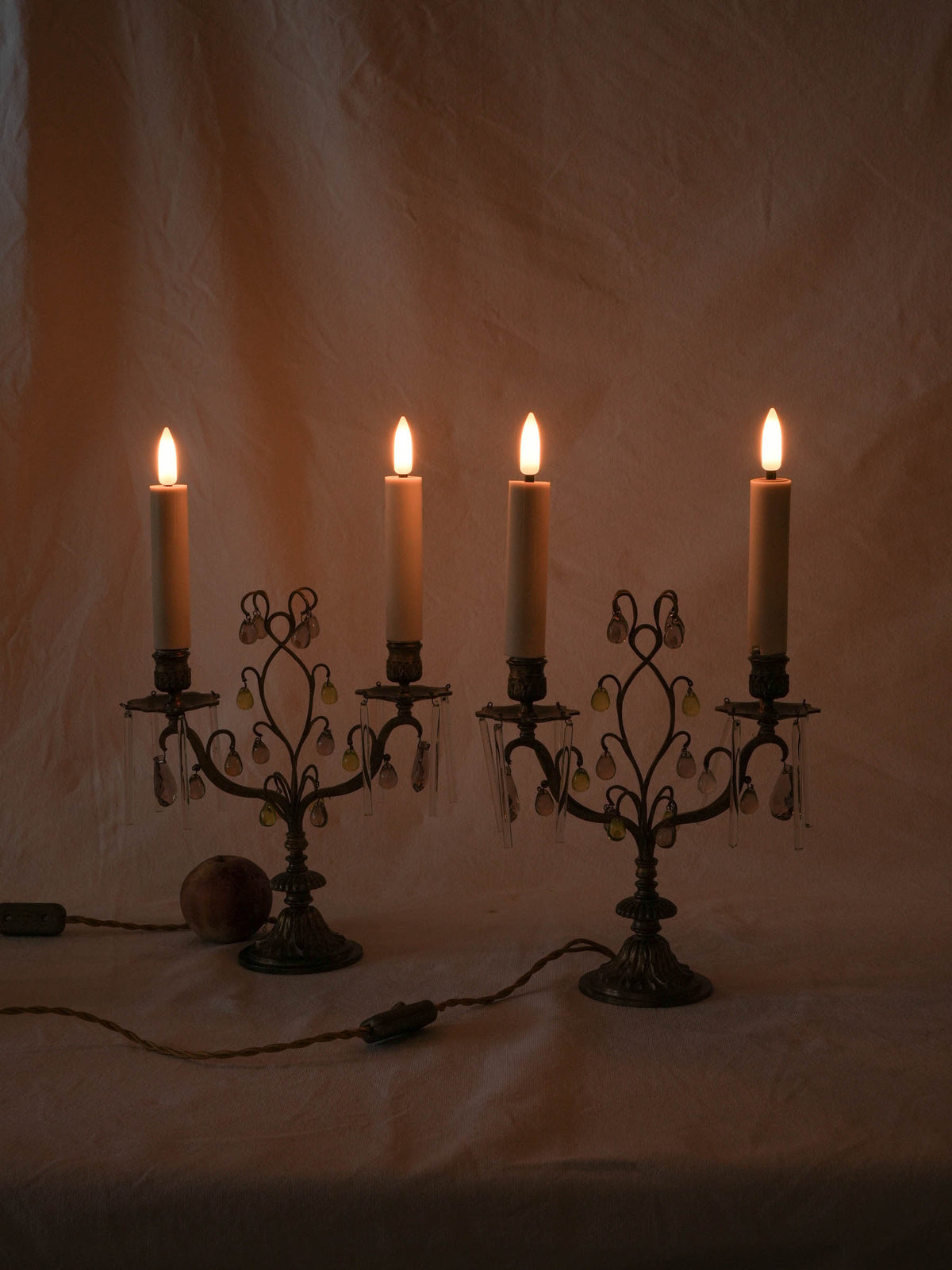Pair of Early 20th-Century Brass Girandoles w/ Peridot-Green and Smoked-Glass Drops - 16½"