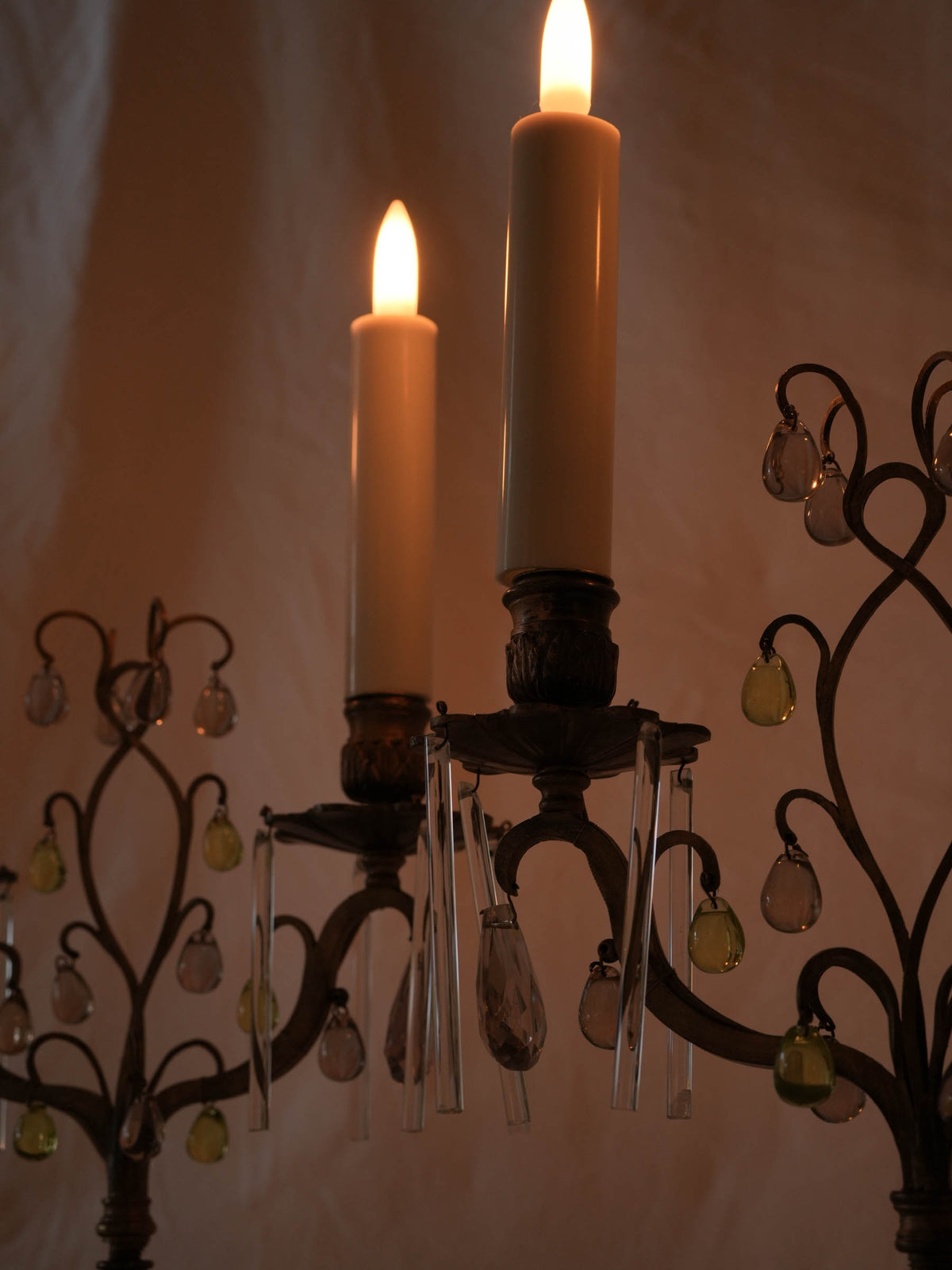 Pair of Early 20th-Century Brass Girandoles w/ Peridot-Green and Smoked-Glass Drops - 16½"