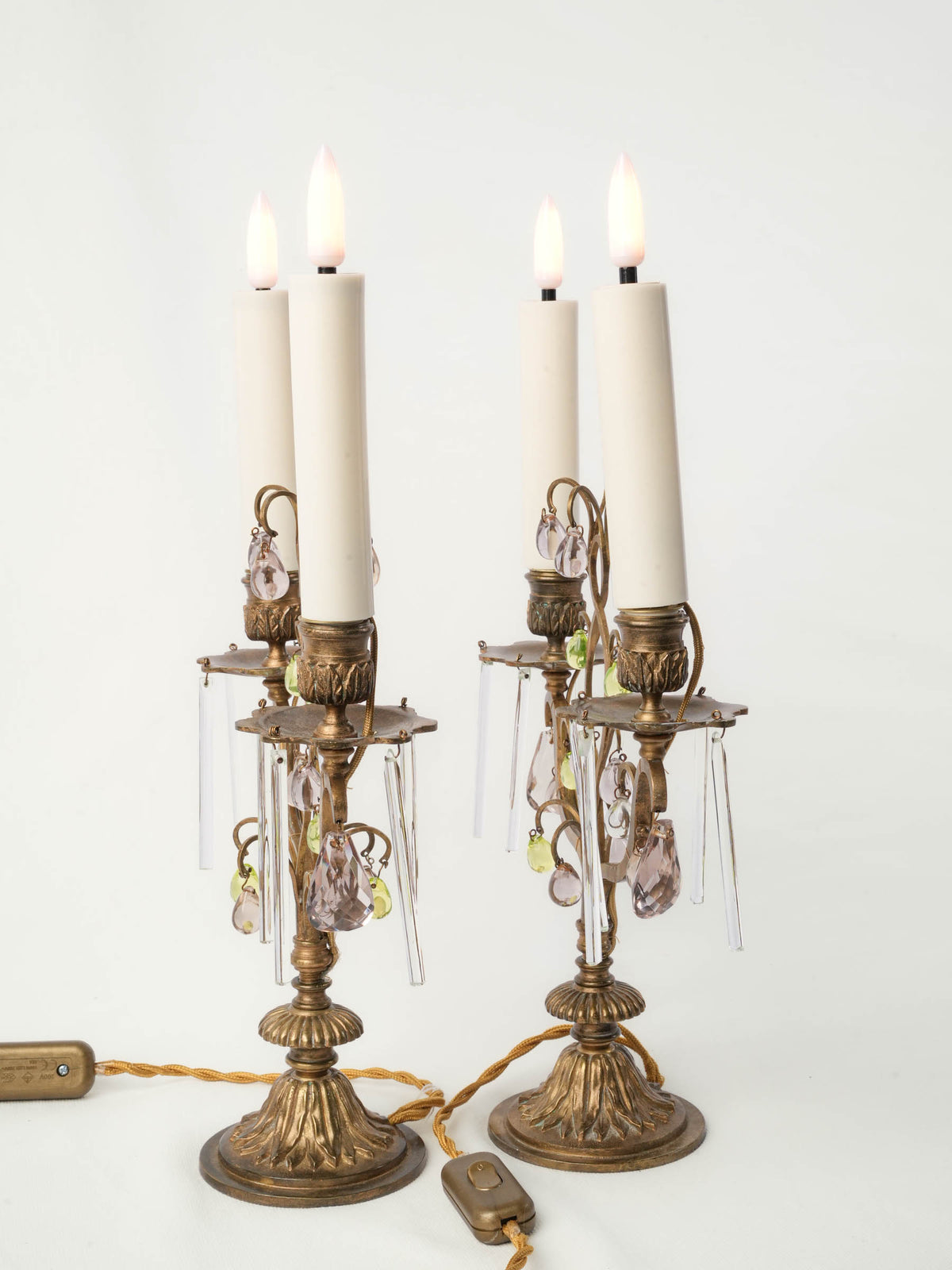 Pair of Early 20th-Century Brass Girandoles w/ Peridot-Green and Smoked-Glass Drops - 16½"