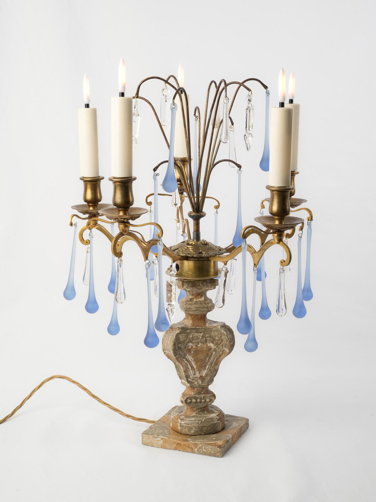 Large Five-Light Girandole Table Lamp w/ Cascading Blue Pendants - 21¾" x 15"