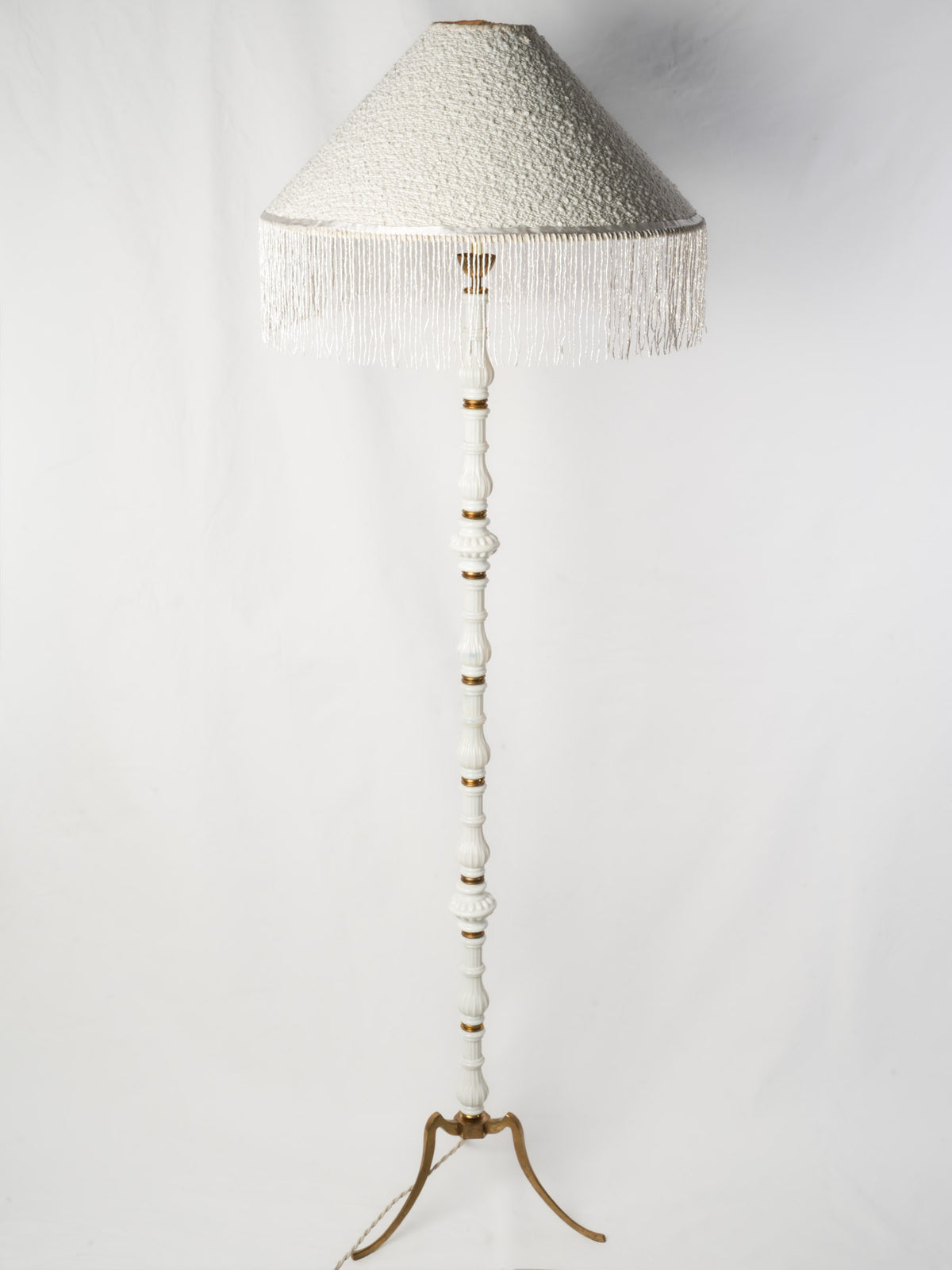French Art Deco White Glass Floor Lamp w/ Custom Fringed Shade - 67"