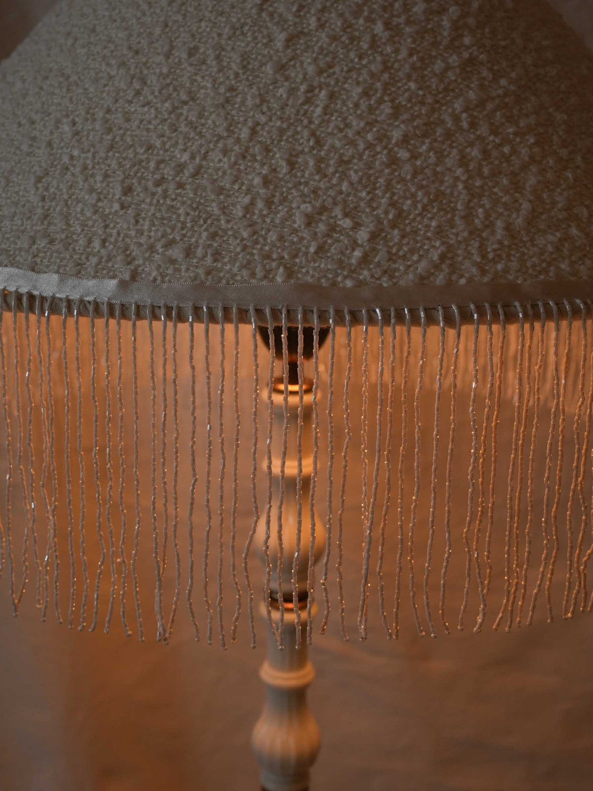 French Art Deco White Glass Floor Lamp w/ Custom Fringed Shade - 67"