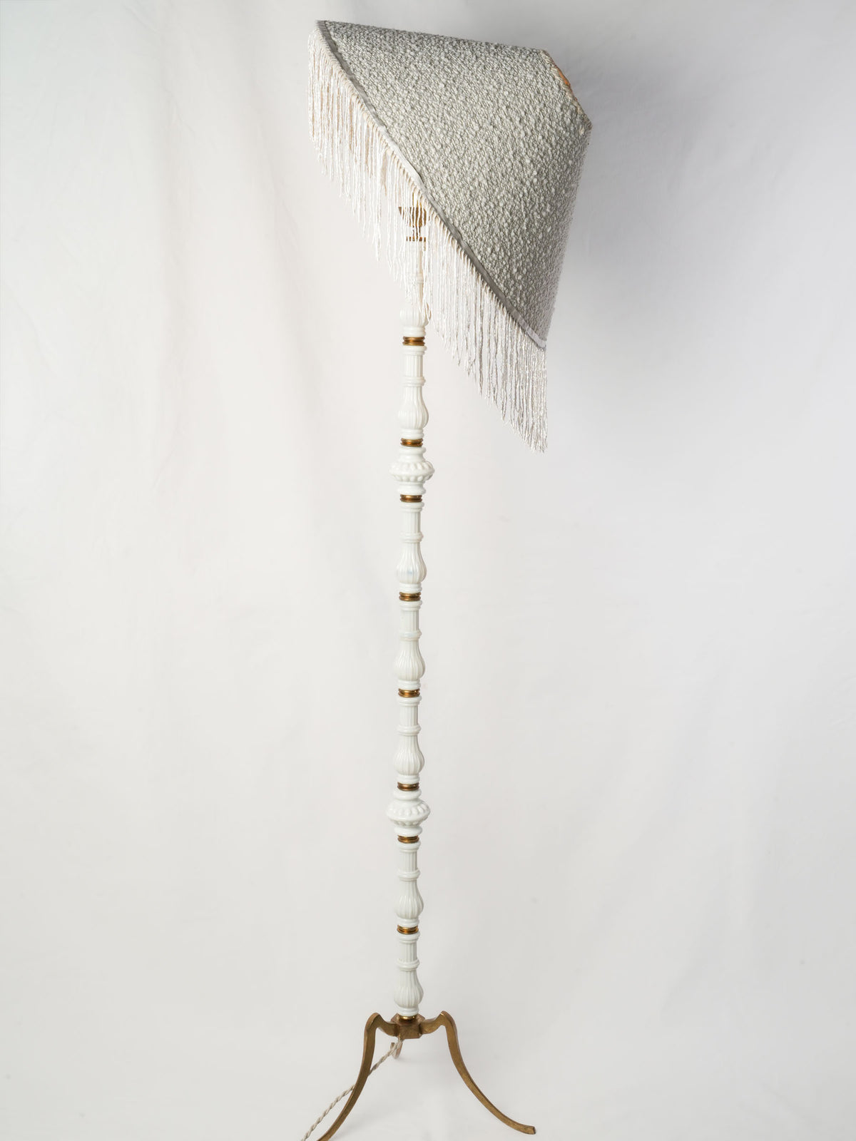 French Art Deco White Glass Floor Lamp w/ Custom Fringed Shade - 67"