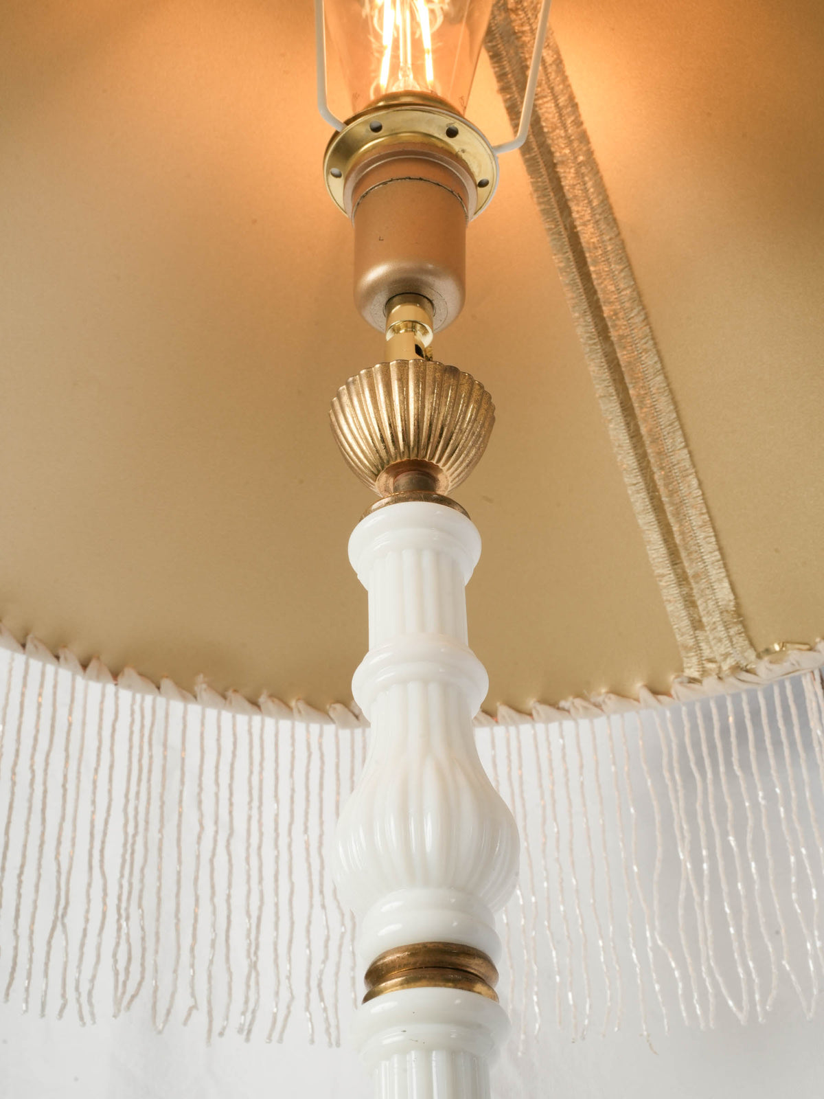 French Art Deco White Glass Floor Lamp w/ Custom Fringed Shade - 67"