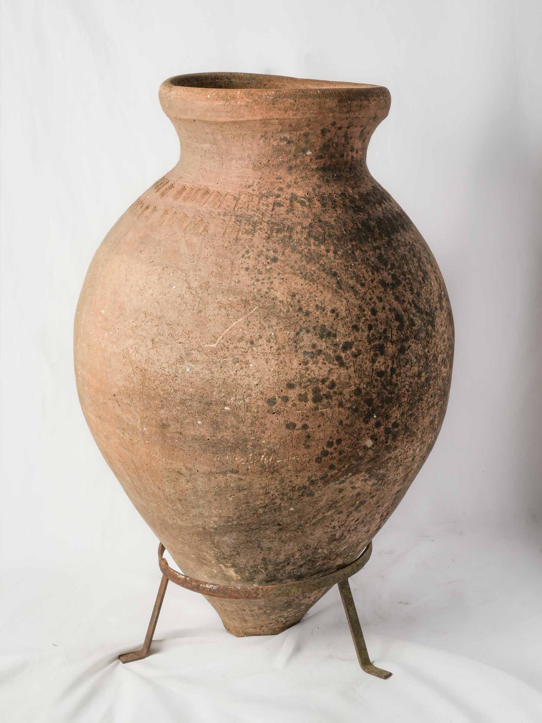 Large Late 19th-Century Iberian Terracotta Storage Jar on Custom Iron Stand - 45¾"