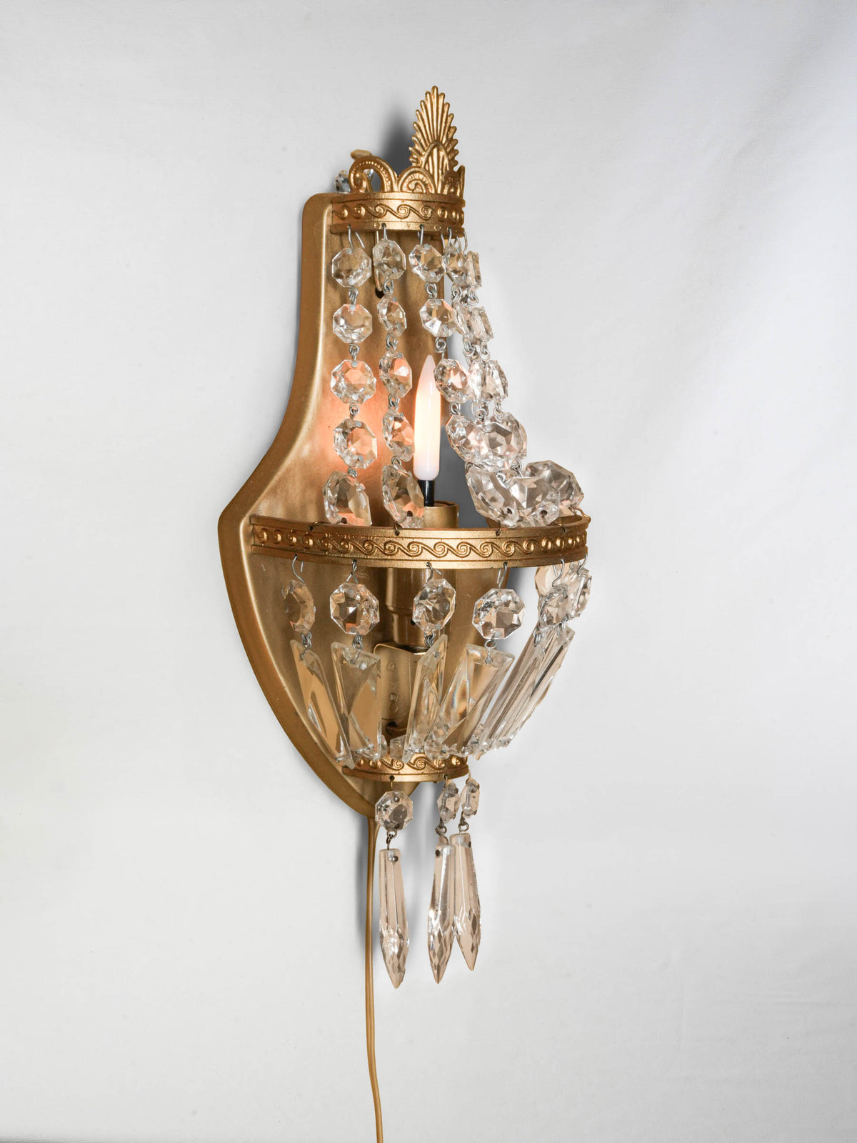 Vintage Empire-Style Gilt-Brass Wall Sconce w/ Draped Prisms - 13" x  5½"