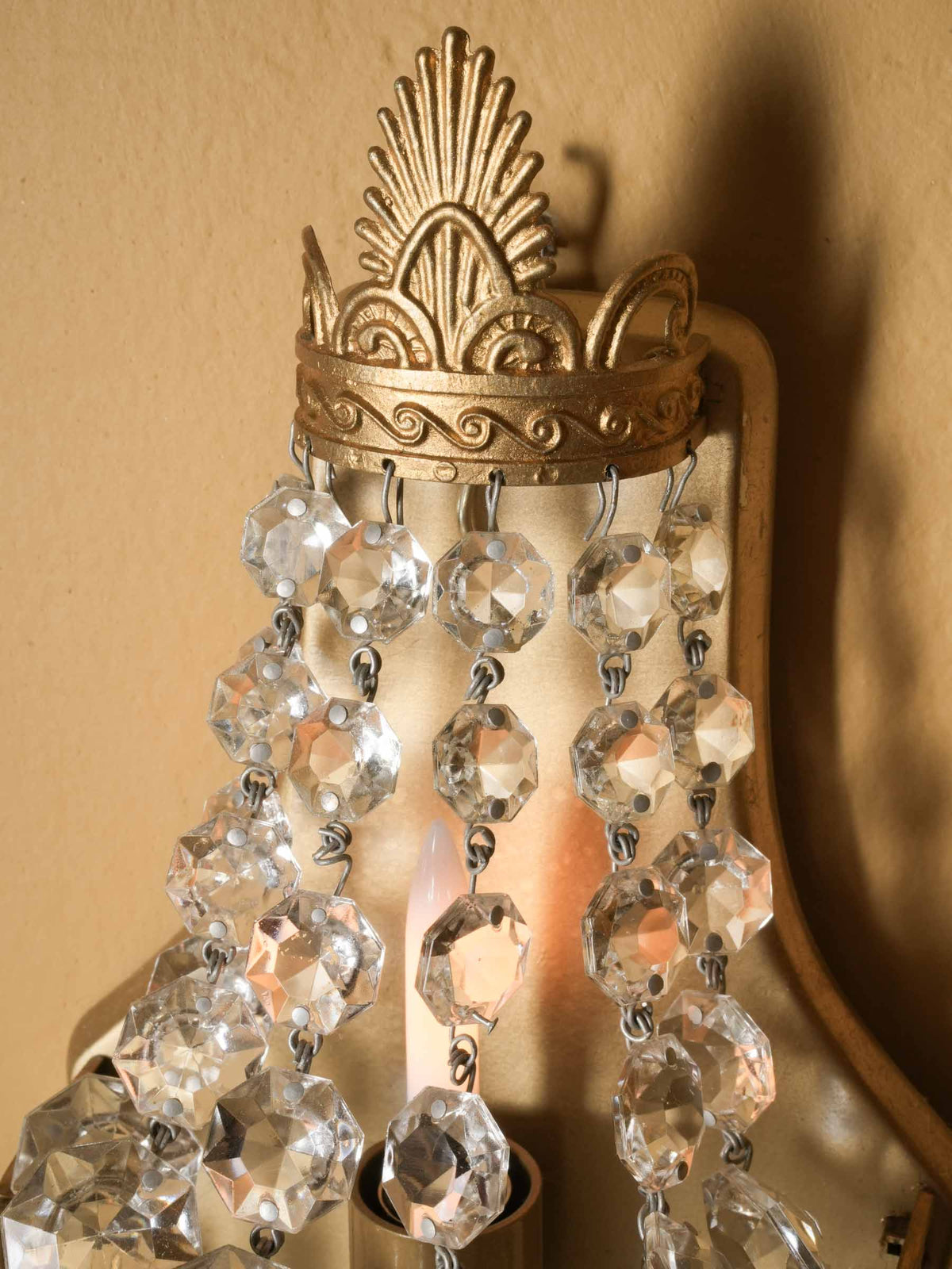 Vintage Empire-Style Gilt-Brass Wall Sconce w/ Draped Prisms - 13" x  5½"