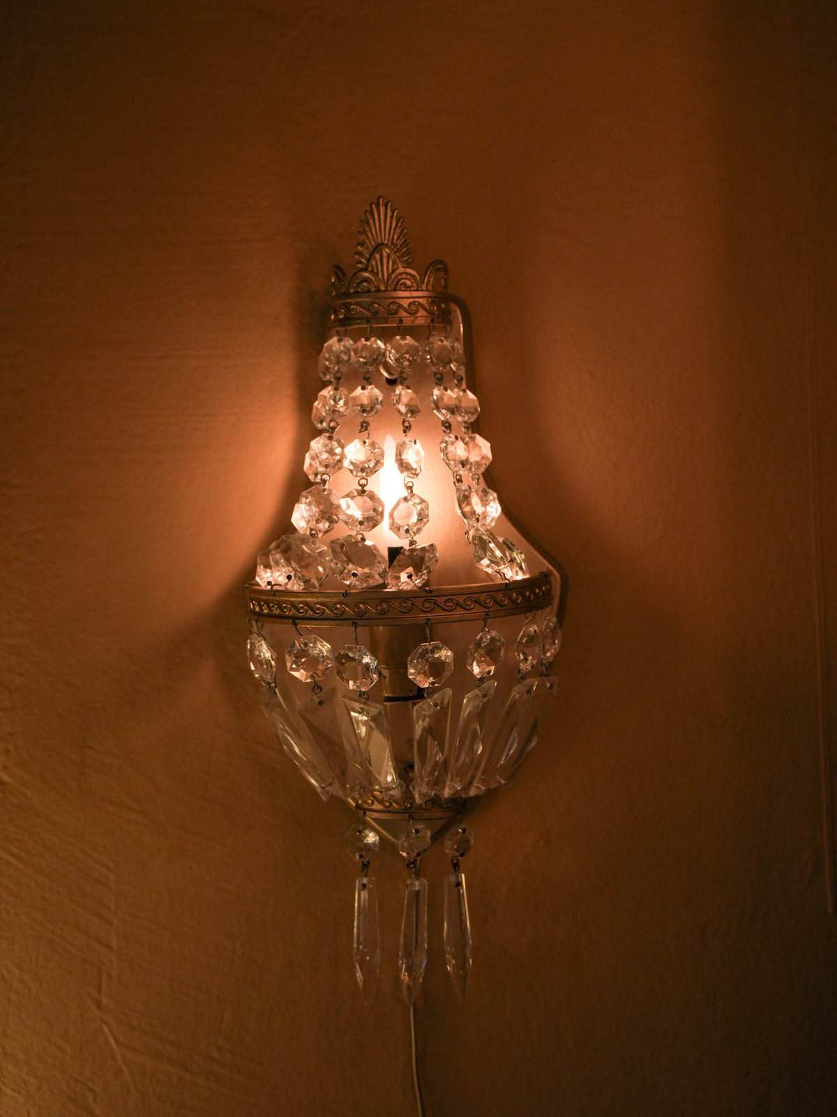 Vintage Empire-Style Gilt-Brass Wall Sconce w/ Draped Prisms - 13" x  5½"