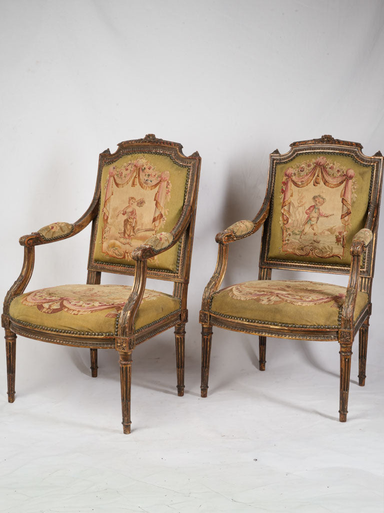 Petite Pair of Louis XVI Style Armchairs From The Late 19th Century W/ Original Tapestry - 38½"