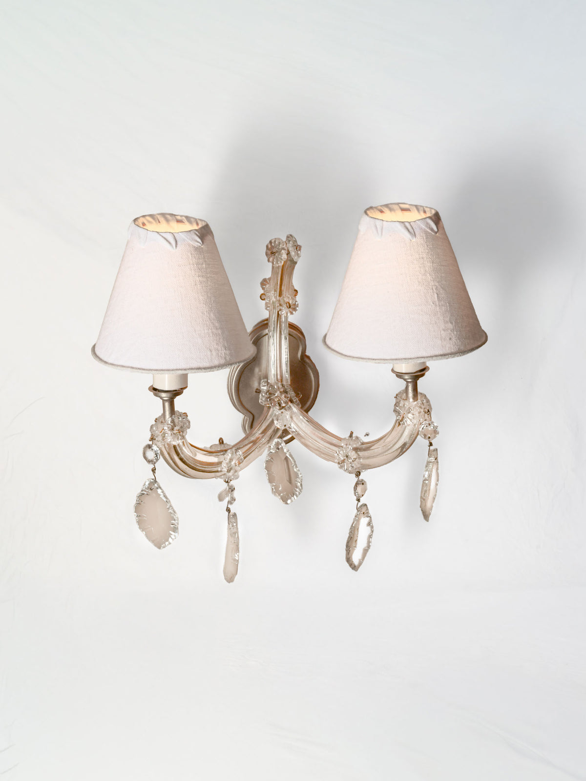 Vintage French Two-Light Clear Glass and Metal Wall Sconce w/ Ivory Shades - 12¼"