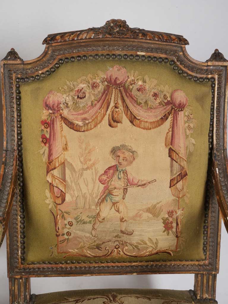 Petite Pair of Louis XVI Style Armchairs From The Late 19th Century W/ Original Tapestry - 38½"