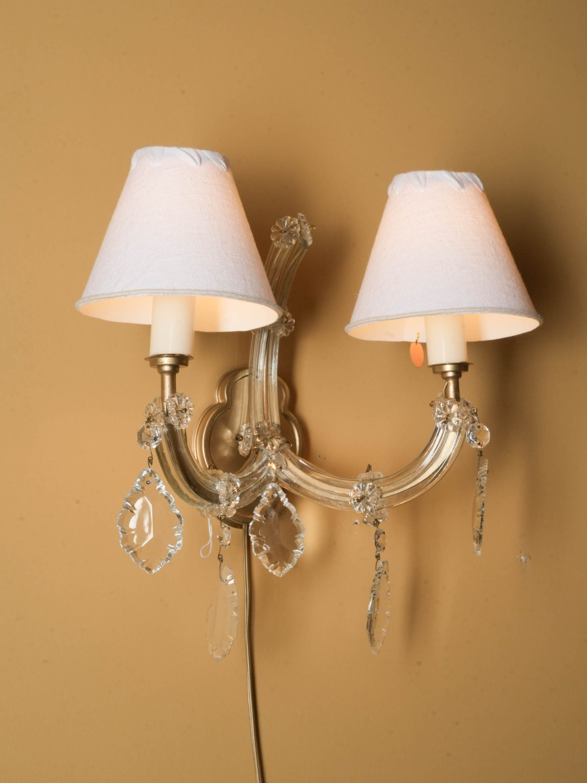 Vintage French Two-Light Clear Glass and Metal Wall Sconce w/ Ivory Shades - 12¼"