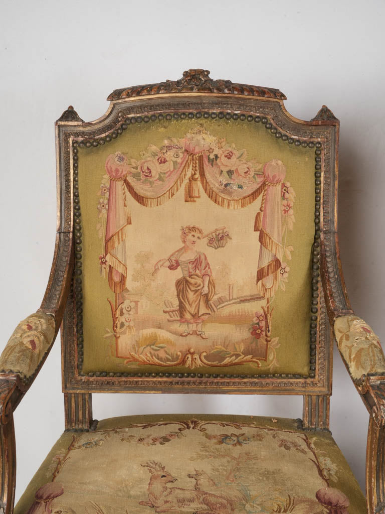 Petite Pair of Louis XVI Style Armchairs From The Late 19th Century W/ Original Tapestry - 38½"