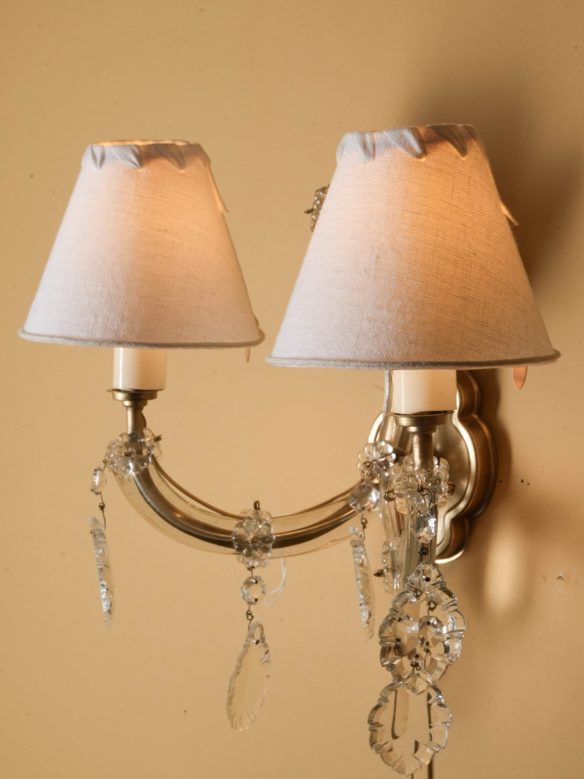 Vintage French Two-Light Clear Glass and Metal Wall Sconce w/ Ivory Shades - 12¼"