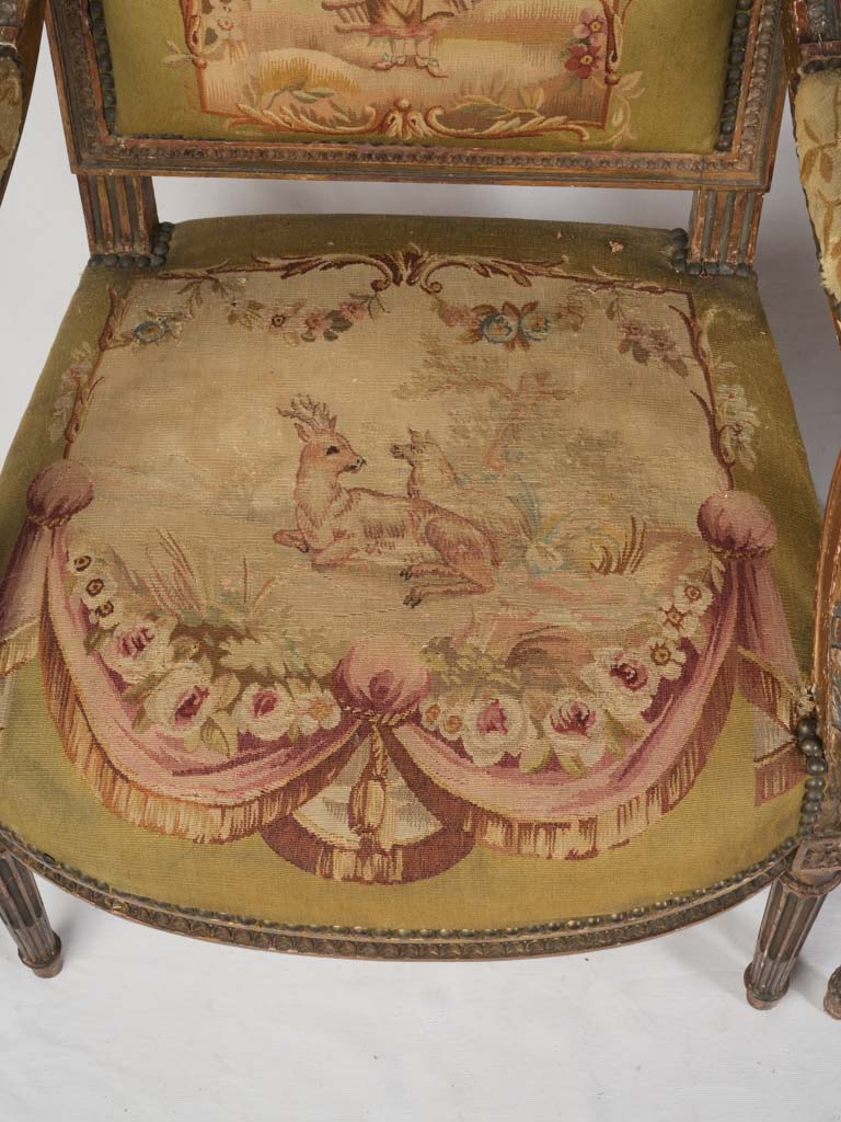 Petite Pair of Louis XVI Style Armchairs From The Late 19th Century W/ Original Tapestry - 38½"