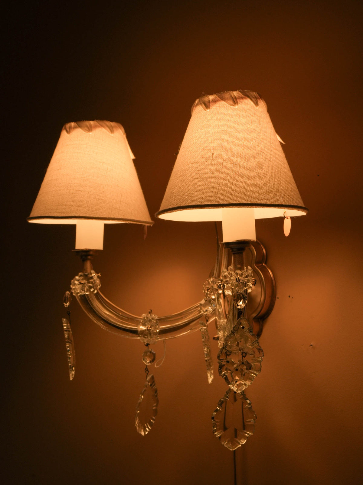 Vintage French Two-Light Clear Glass and Metal Wall Sconce w/ Ivory Shades - 12¼"