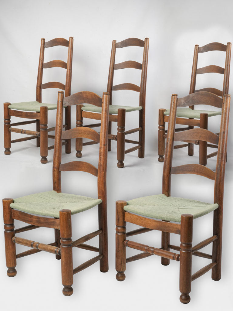 Set of Five Rustic 1960s–70s Provençal Ladder-Back Chairs w/ Cord Seats - 41¾"