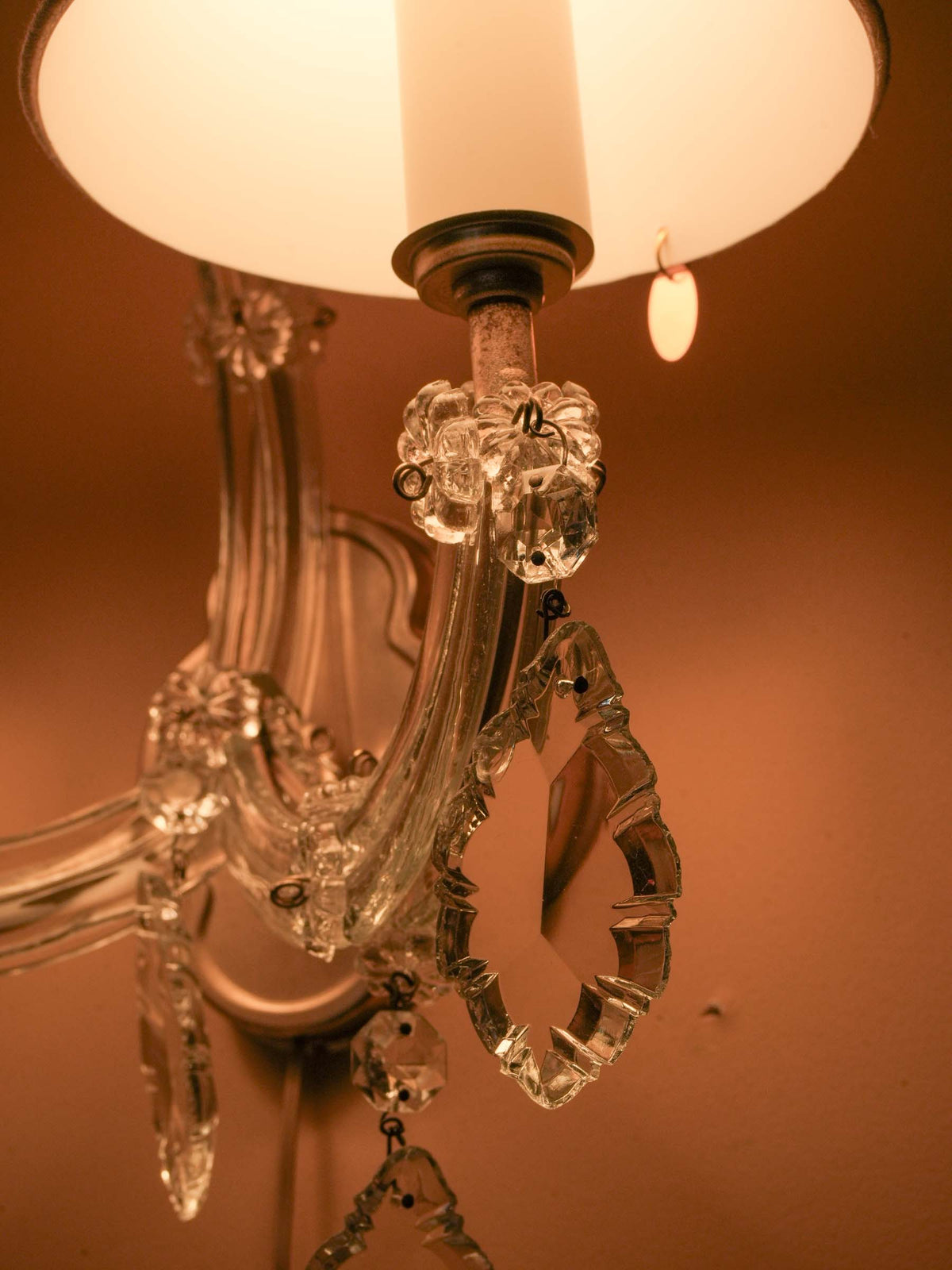 Vintage French Two-Light Clear Glass and Metal Wall Sconce w/ Ivory Shades - 12¼"