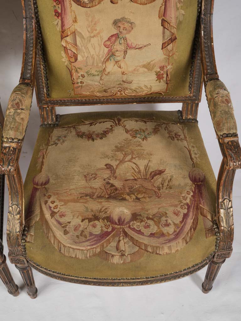 Petite Pair of Louis XVI Style Armchairs From The Late 19th Century W/ Original Tapestry - 38½"