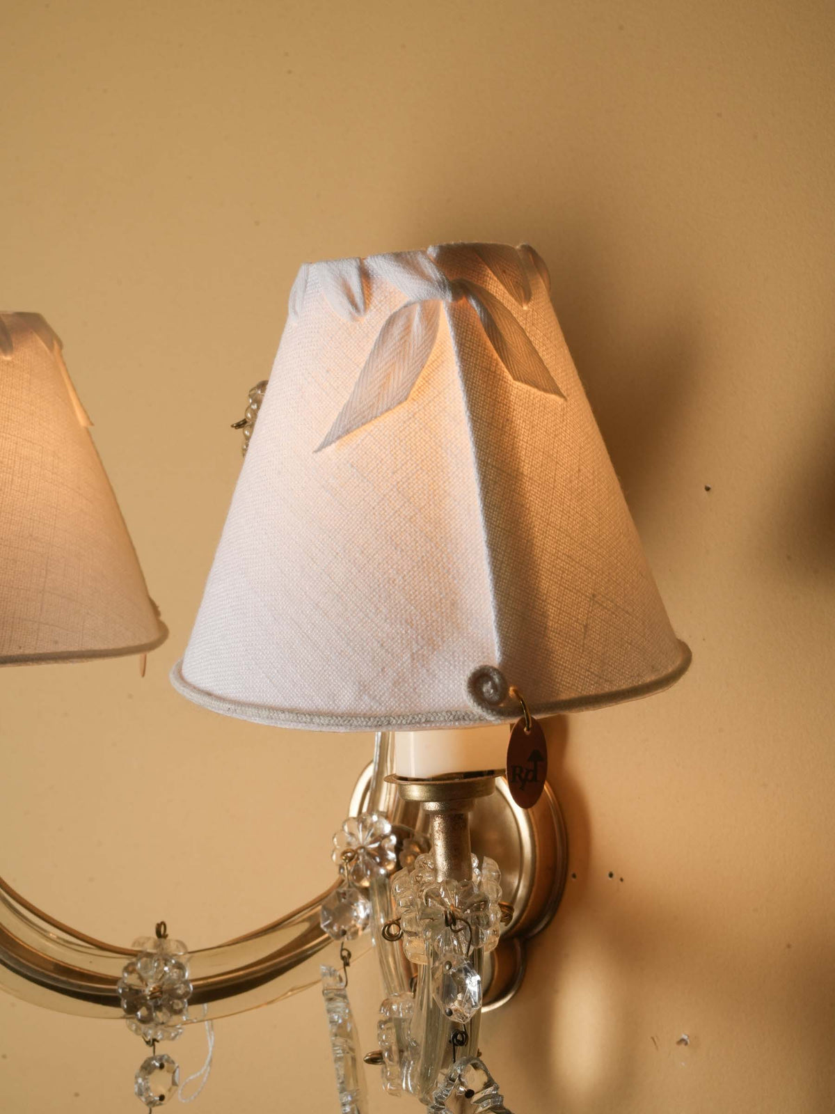 Vintage French Two-Light Clear Glass and Metal Wall Sconce w/ Ivory Shades - 12¼"