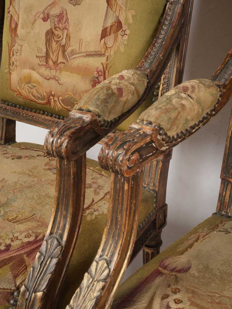 Petite Pair of Louis XVI Style Armchairs From The Late 19th Century W/ Original Tapestry - 38½"