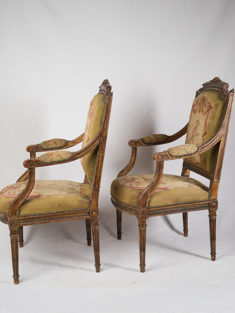 Petite Pair of Louis XVI Style Armchairs From The Late 19th Century W/ Original Tapestry - 38½"