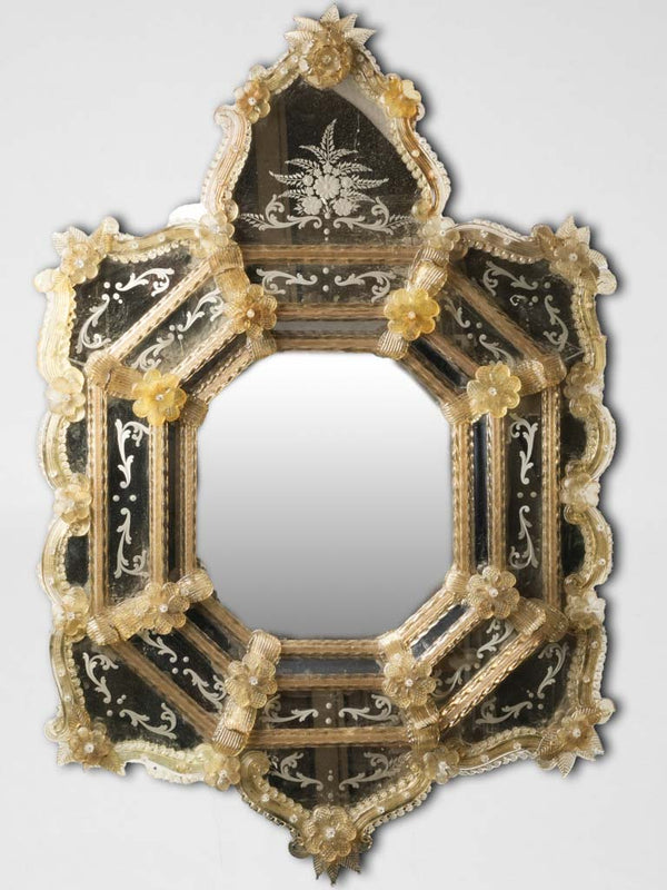 Stunning 19th-century Venetian mirror w/ yellow glass floral accents 43" x 28¾"