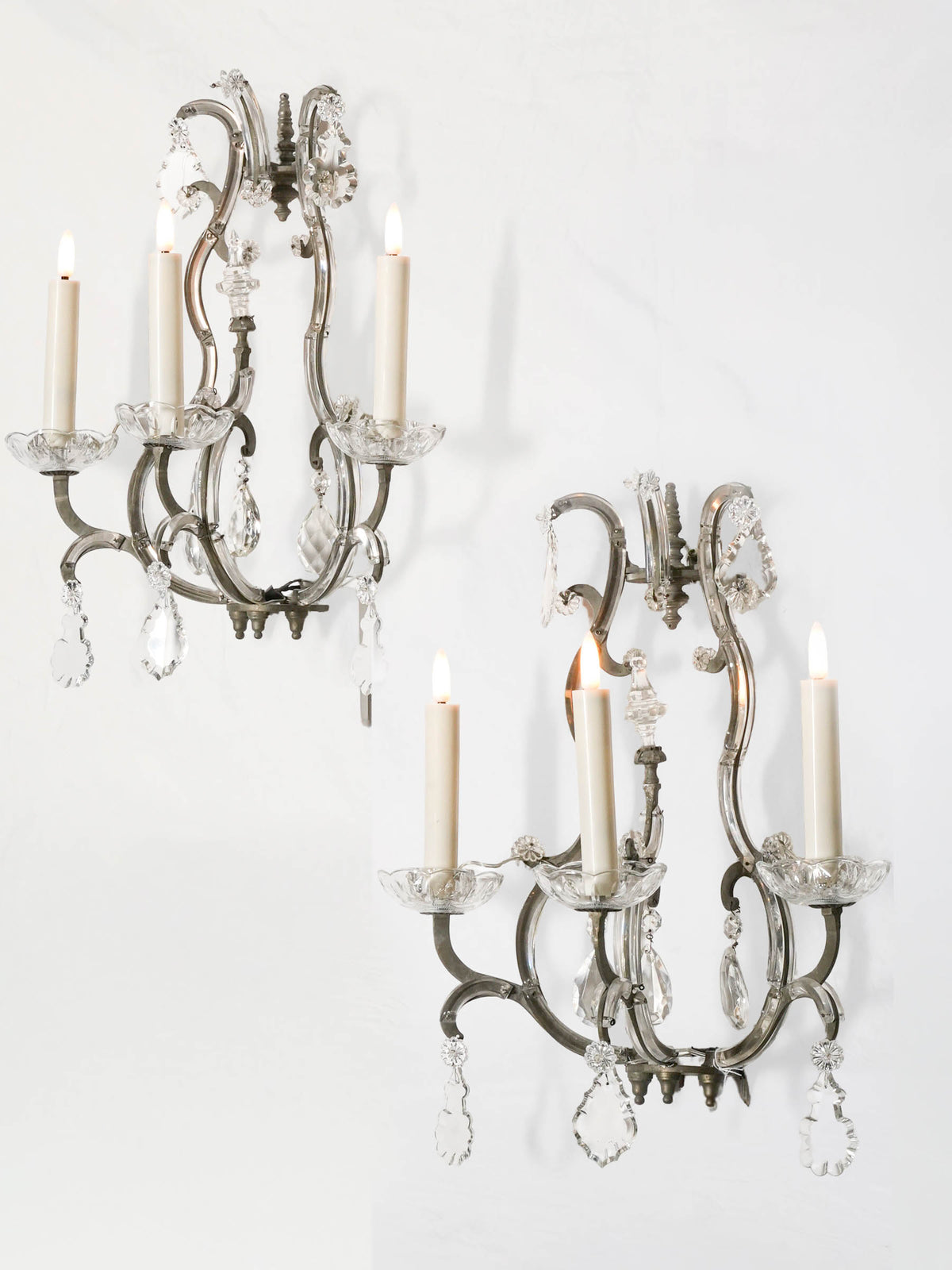 Pair of Large Vintage French Three-Light Glass and Metal Sconces - 22½" x  19¼"