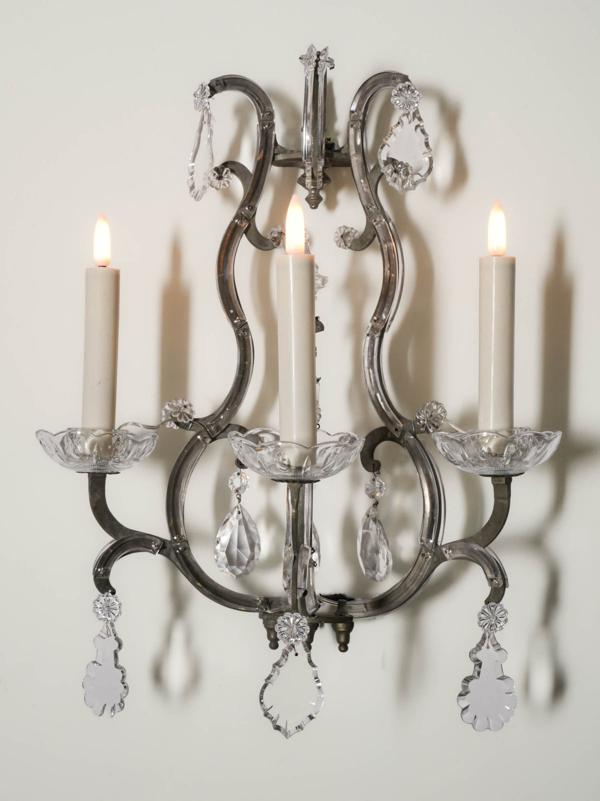 Pair of Large Vintage French Three-Light Glass and Metal Sconces - 22½" x  19¼"