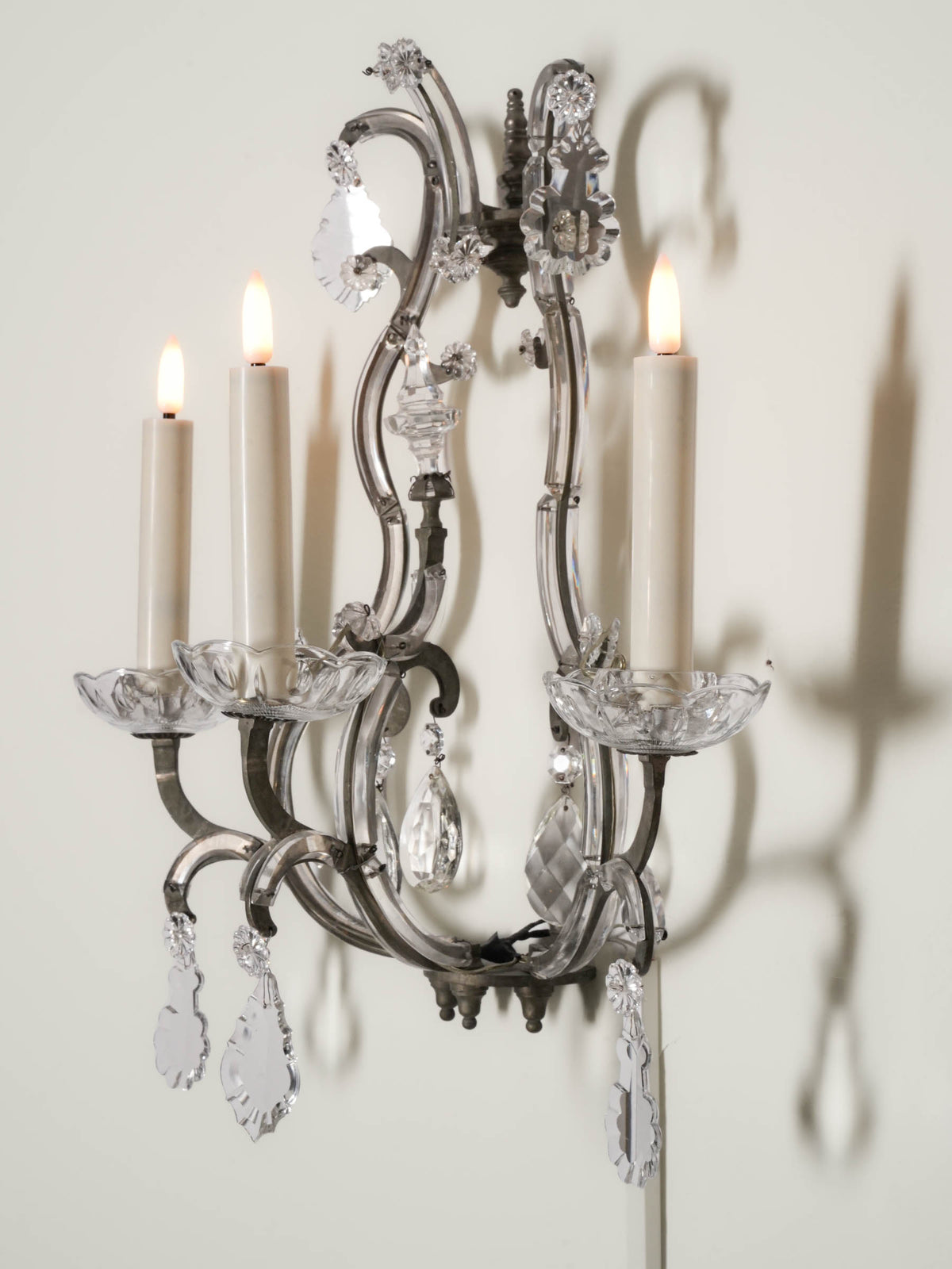 Pair of Large Vintage French Three-Light Glass and Metal Sconces - 22½" x  19¼"